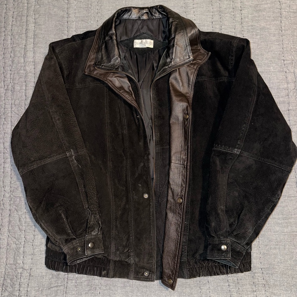 Charles Klein Men's Suede Bomber Jacket Collared Full Zip, Black, Size L